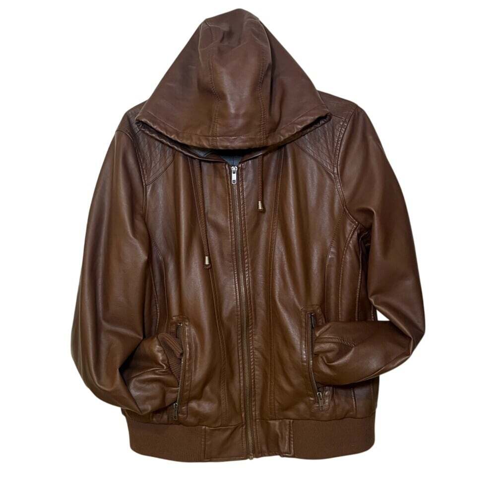 Warehouse One Faux Leather Brown Hooded Bomber Jacket Moto XL/XXL Plus Size‎